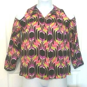 Allen B Schwartz Womens Multicolor Blouse Shirt Cold Shoulder Hidden Buttons M